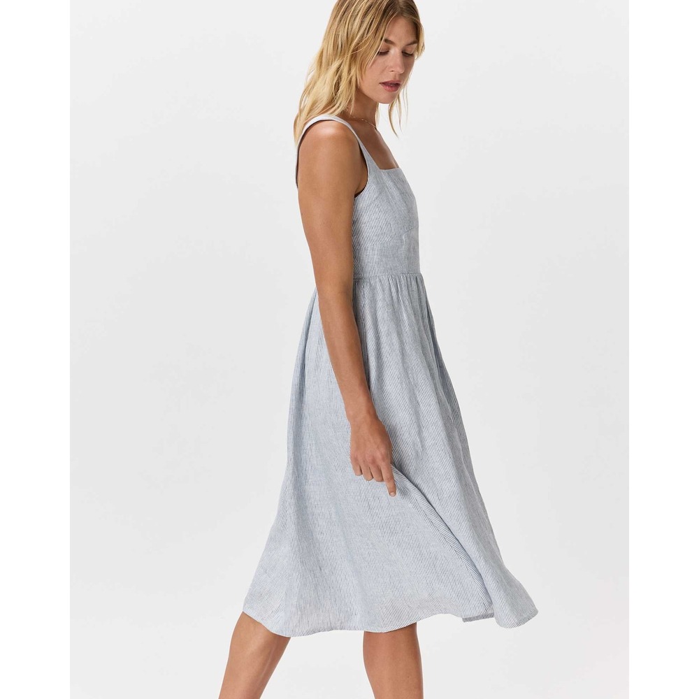 Quince European Linen Fit and Flare Dress Blue White Stripe XS Sleeveless Midi